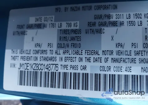 2012 Mazda Mazda2 Sport из США, поврежденный, VIN JM1DE1KZ8C0148776